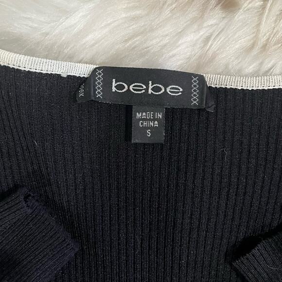 NEW Bebe Ruched Striped Plunge V-Neck Two Tone Fitted Long Sleeve Sweater S NWOT - Picture 11 of 15